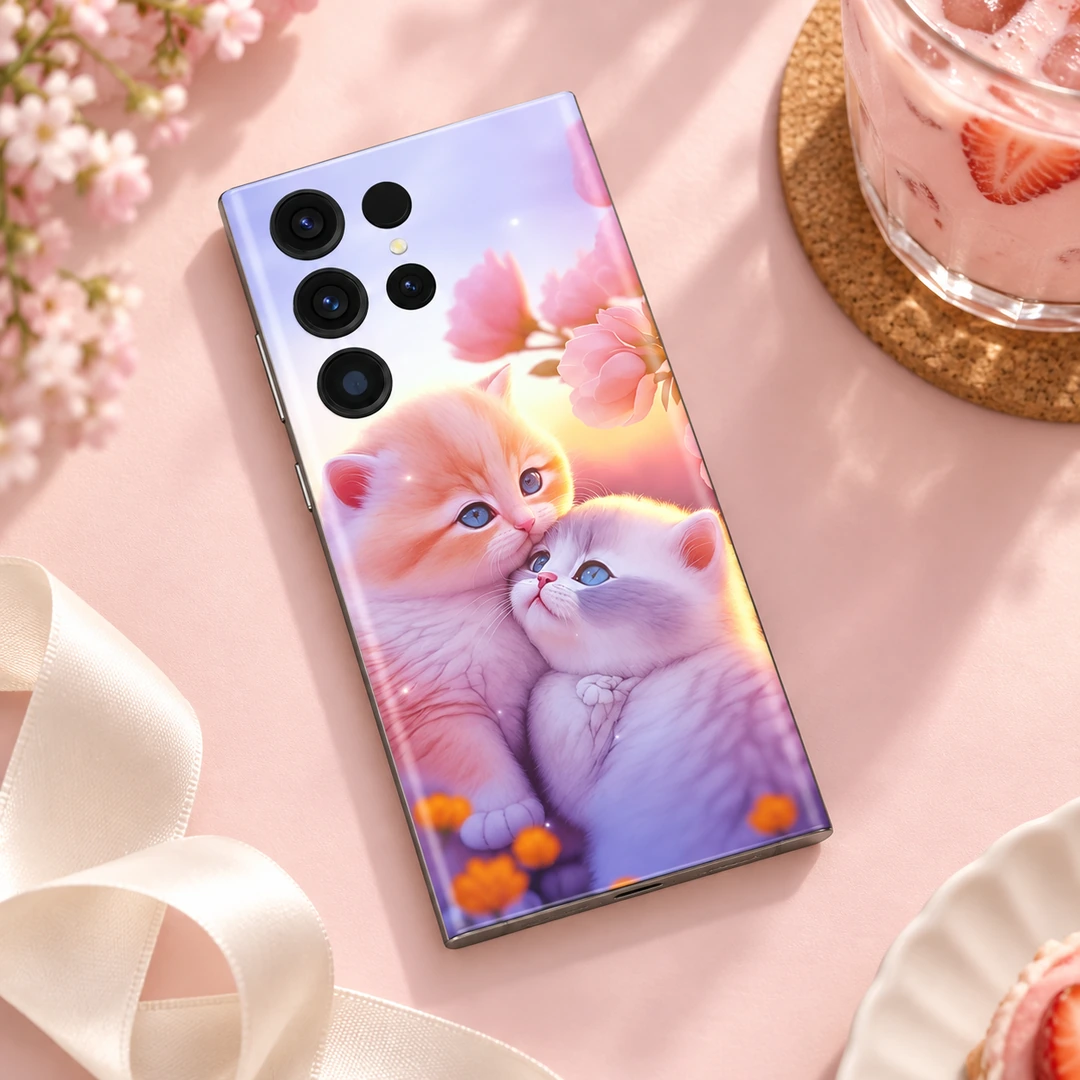 Awesome Cats Mobile Skin - Pastel café flat lay Pastel mobile skin showing two cuddling kittens and pink blossoms, pastel café flat lay