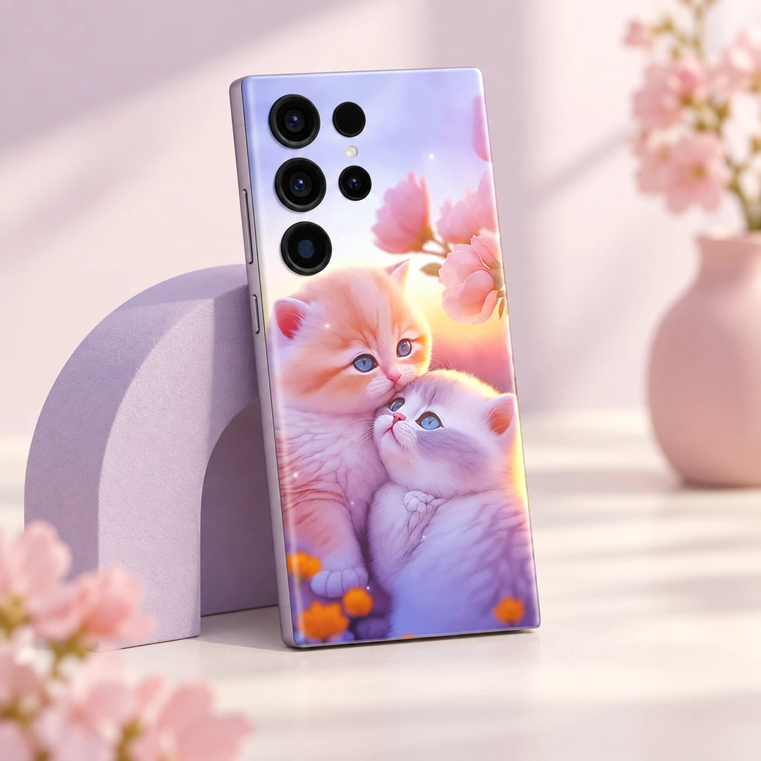 Awesome Cats Mobile Skin - Lilac arch studio view Pastel mobile skin showing two cuddling kittens and pink blossoms, lilac arch studio view