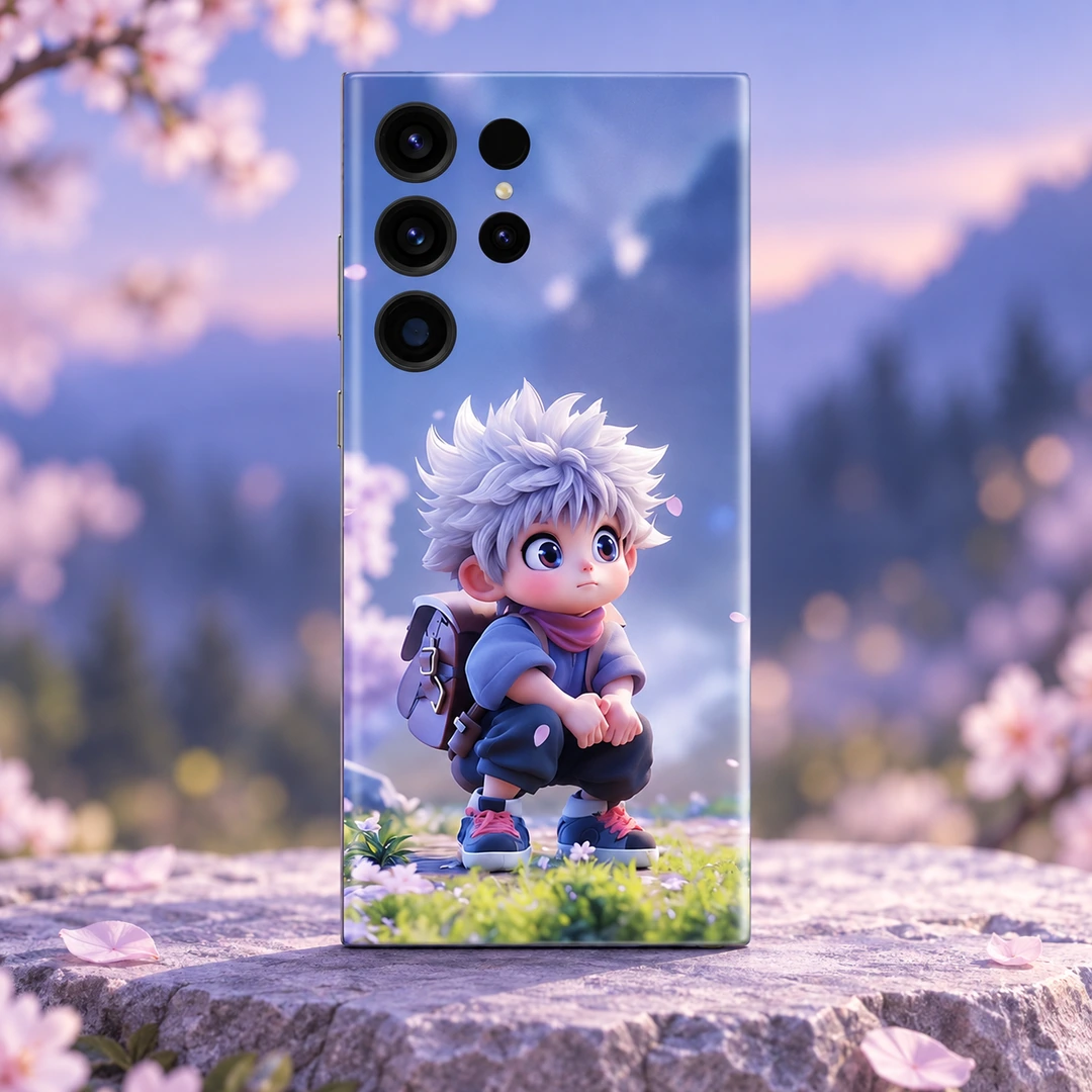 Baby Anime Boy Mobile Skin – Lavender garden hero Baby Anime Boy Mobile Skin with white-haired chibi artwork, lavender garden hero