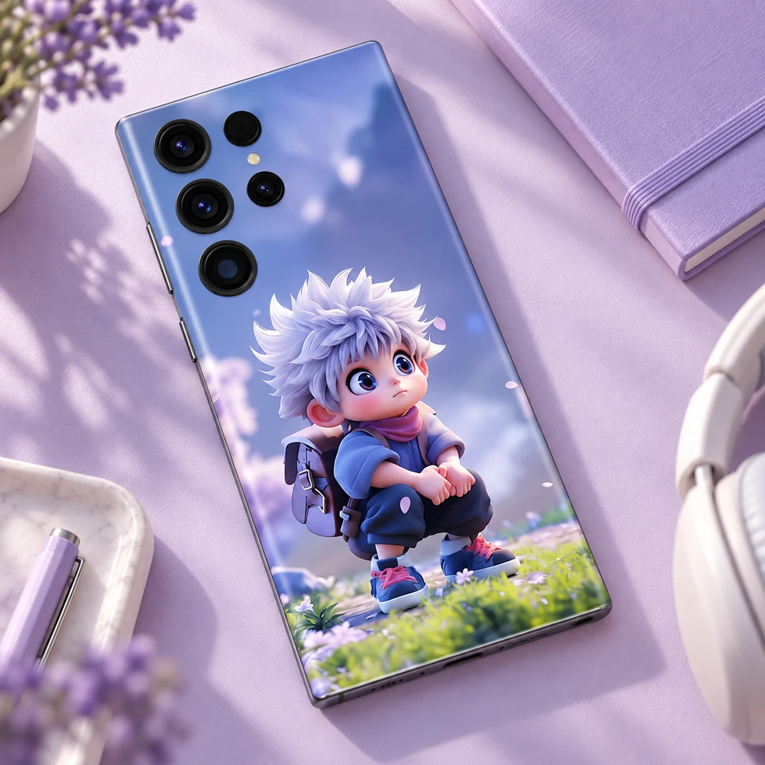 Baby Anime Boy Mobile Skin – Overhead lilac desk view Baby Anime Boy Mobile Skin with white-haired chibi artwork, overhead lilac desk view