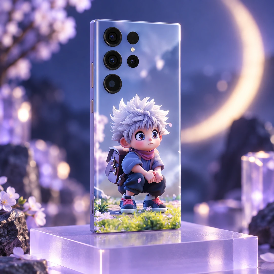 Baby Anime Boy Mobile Skin – Angled moonlit display Baby Anime Boy Mobile Skin with white-haired chibi artwork, angled moonlit display