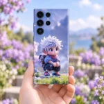Baby Anime Boy Mobile Skin with white-haired chibi artwork, handheld garden view