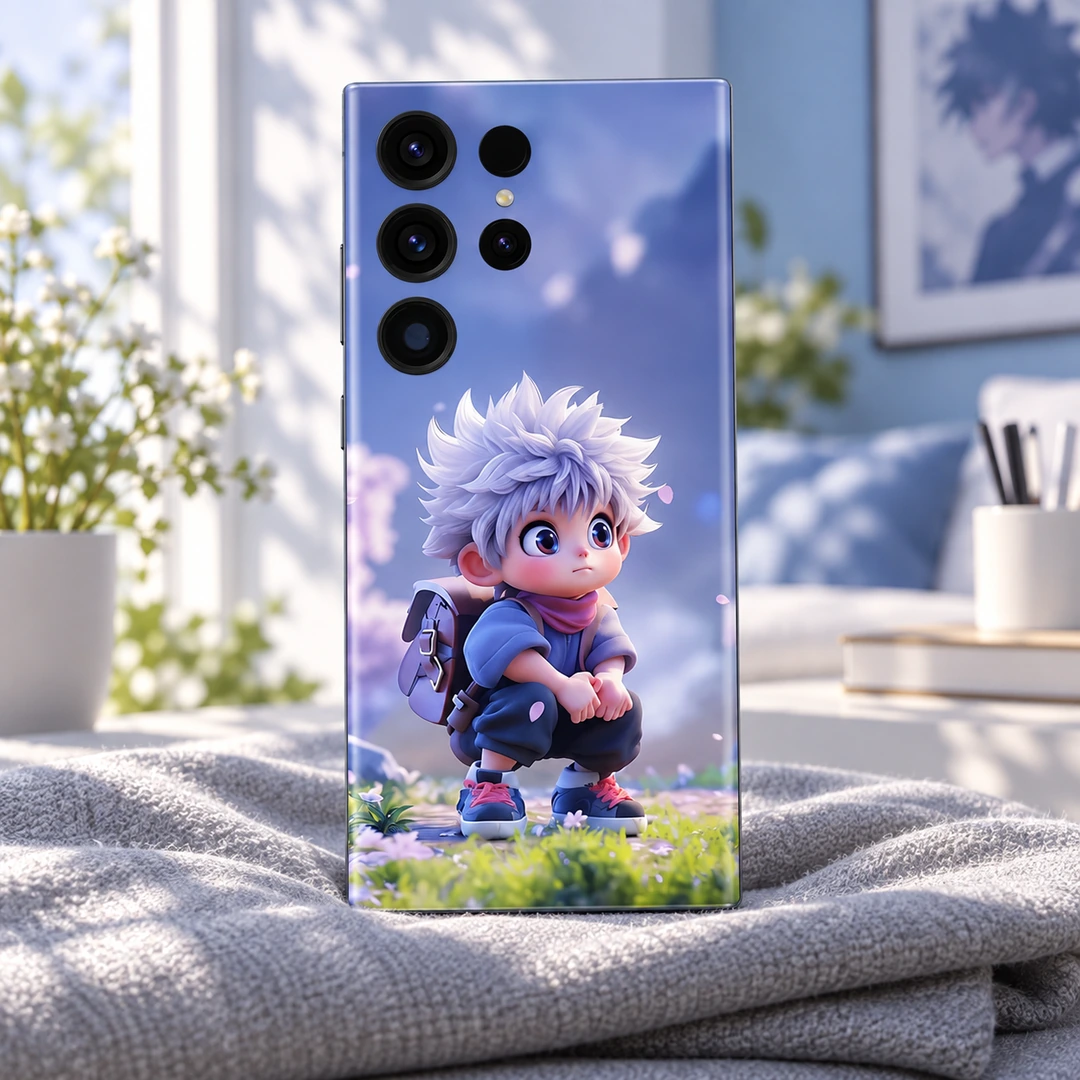 Baby Anime Boy Mobile Skin – Window light detail Baby Anime Boy Mobile Skin with white-haired chibi artwork, window light detail