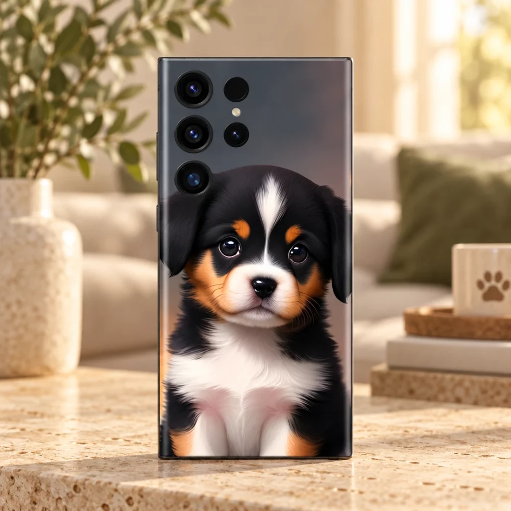 Baby Dog mobile skin with black white and tan puppy portrait, warm living room hero