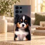 Baby Dog mobile skin with black white and tan puppy portrait, warm living room hero