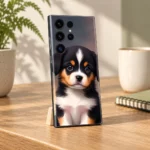 Baby Dog mobile skin with black white and tan puppy portrait, oak desk angle