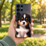 Baby Dog mobile skin with black white and tan puppy portrait, park handheld