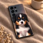 Baby Dog mobile skin with black white and tan puppy portrait, taupe linen detail