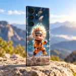 Baby Naruto mobile skin with blond chibi ninja in orange, mountain daylight view