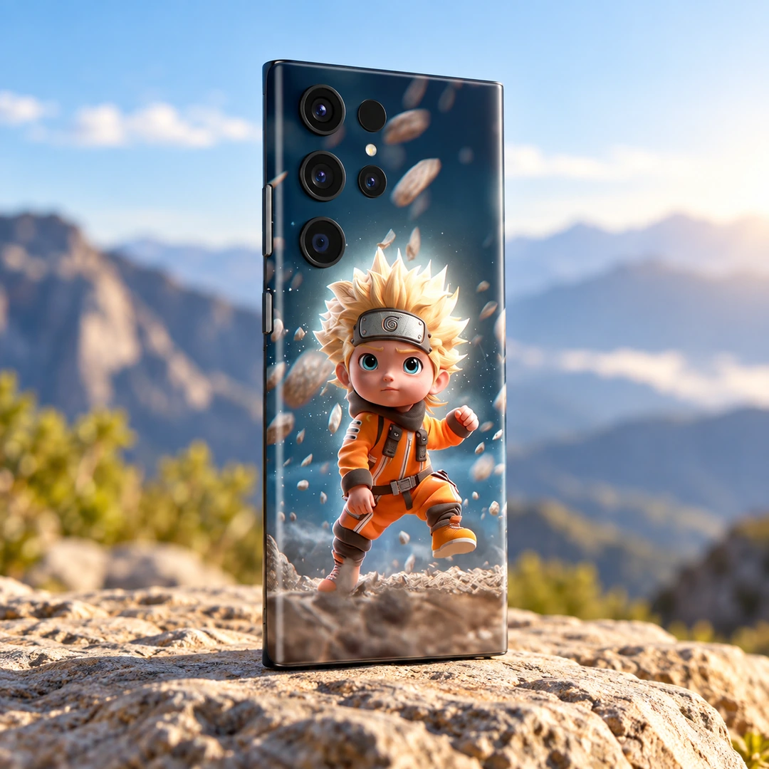 Baby Naruto Mobile Skin - Mountain daylight view Baby Naruto mobile skin with blond chibi ninja in orange, mountain daylight view