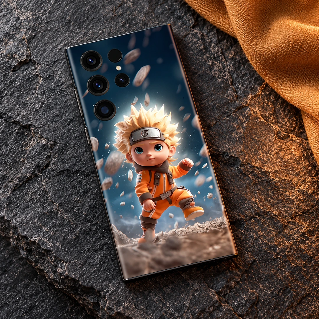 Baby Naruto Mobile Skin - Charcoal flat lay Baby Naruto mobile skin with blond chibi ninja in orange, charcoal flat lay