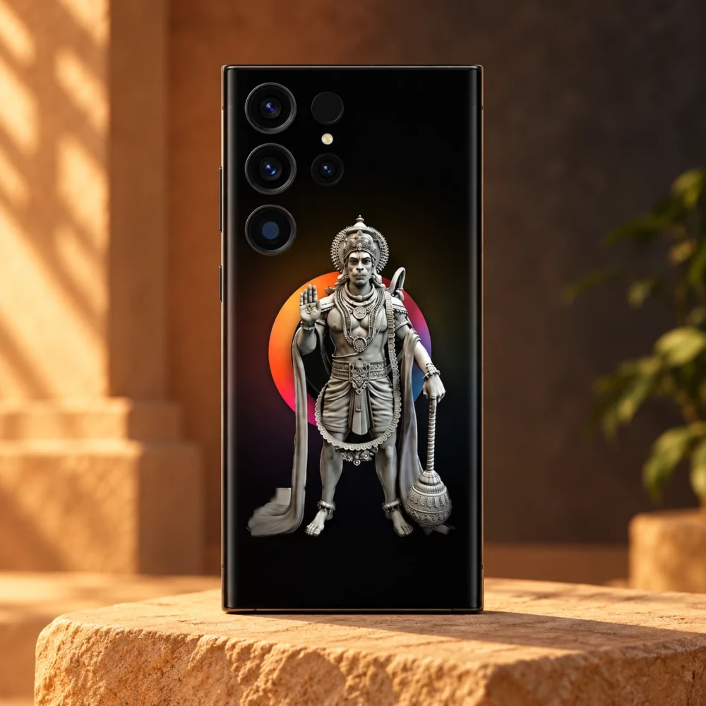 Bajrangbali Hanuman Statue Mobile Skin in black with a silver figure and colourful halo on a sandstone pedestal