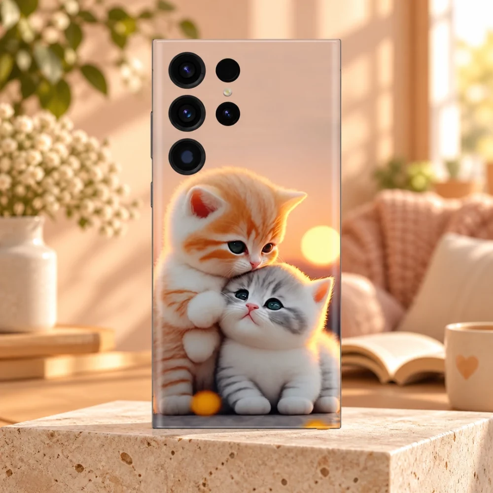 Beautiful Cat Mobile Skin with orange and grey kittens cuddling at sunset, sunlit cream hero