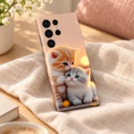 Beautiful Cat Mobile Skin with orange and grey kittens cuddling at sunset, cozy linen angle
