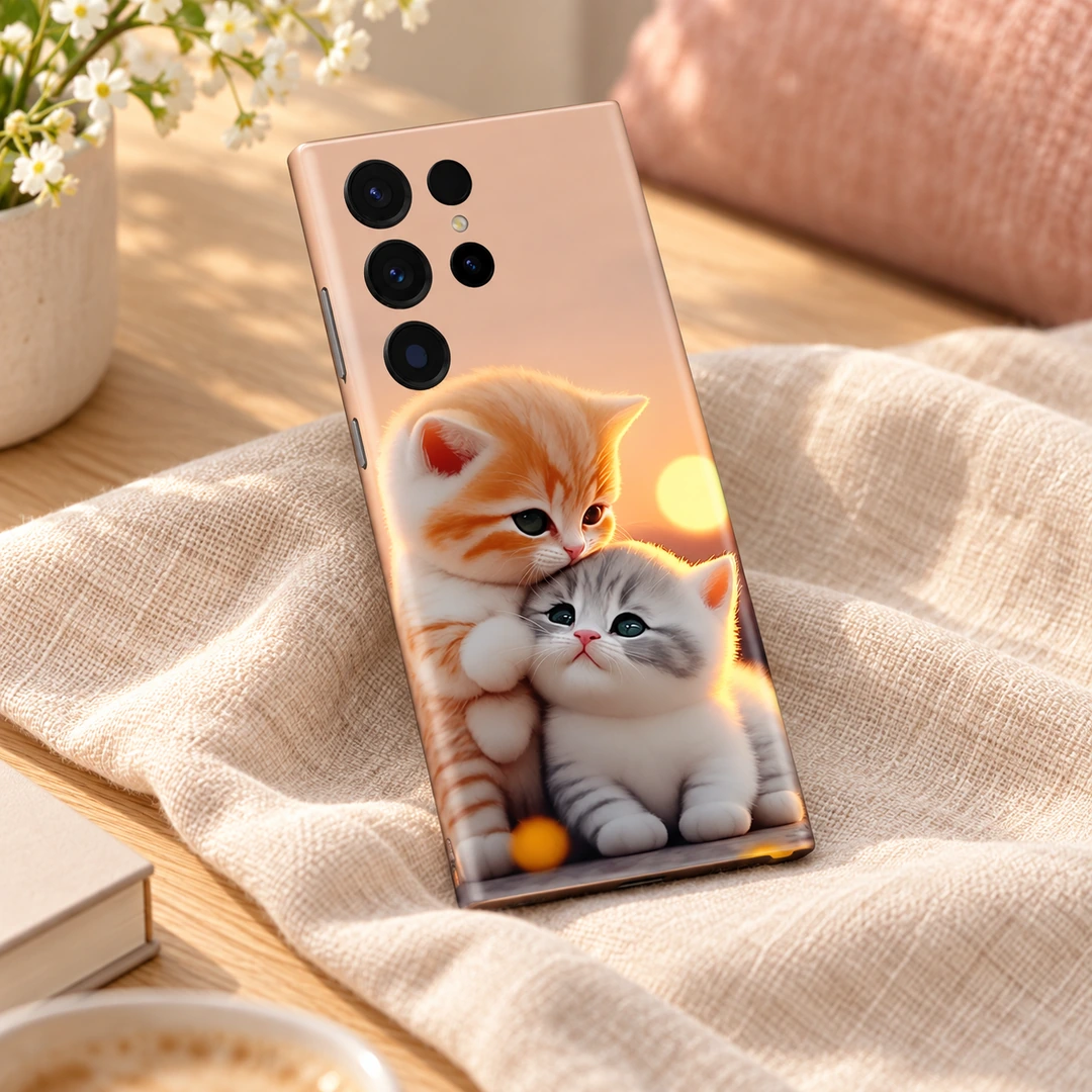 Beautiful Cat Mobile Skin – Cozy linen angle Beautiful Cat Mobile Skin with orange and grey kittens cuddling at sunset, cozy linen angle