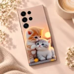 Beautiful Cat Mobile Skin with orange and grey kittens cuddling at sunset, coffee flat lay