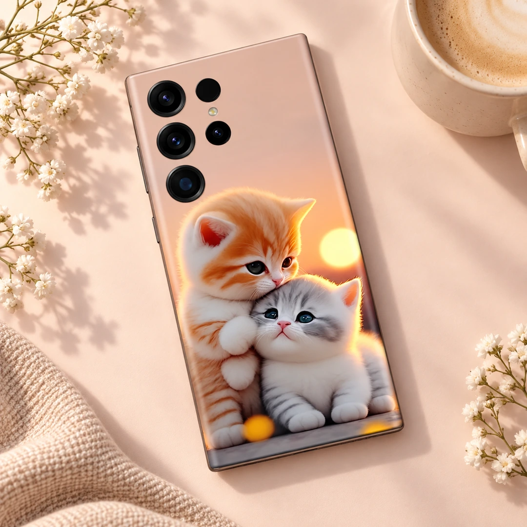 Beautiful Cat Mobile Skin – Coffee flat lay Beautiful Cat Mobile Skin with orange and grey kittens cuddling at sunset, coffee flat lay