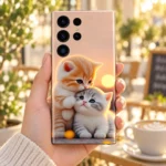 Beautiful Cat Mobile Skin with orange and grey kittens cuddling at sunset, cafe handheld view