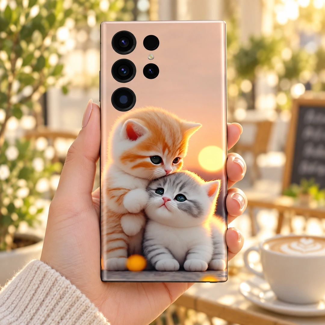 Beautiful Cat Mobile Skin – Cafe handheld view Beautiful Cat Mobile Skin with orange and grey kittens cuddling at sunset, cafe handheld view