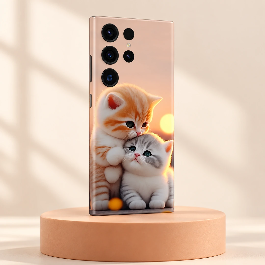 Beautiful Cat Mobile Skin – Apricot studio view Beautiful Cat Mobile Skin with orange and grey kittens cuddling at sunset, apricot studio view
