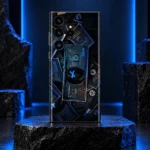Black and blue money print mobile skin with overlapping bill artwork and blue X details, blue studio hero view