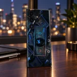 Black and blue money print mobile skin with overlapping bill artwork and blue X details, city desk lifestyle view