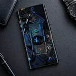 Black and blue money print mobile skin with overlapping bill artwork and blue X details, graphite flat lay view