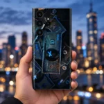 Black and blue money print mobile skin with overlapping bill artwork and blue X details, blue hour handheld view