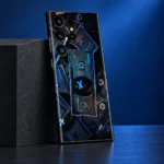 Black and blue money print mobile skin with overlapping bill artwork and blue X details, charcoal studio detail view