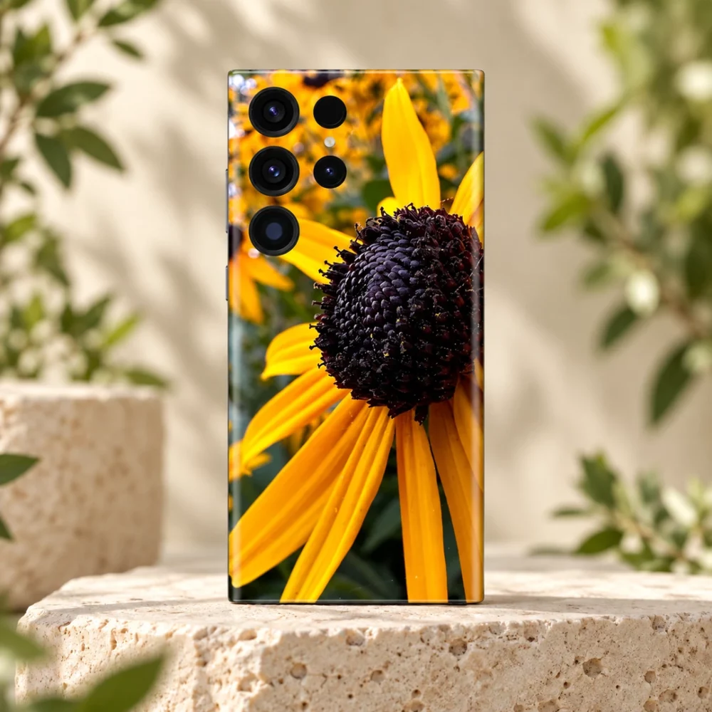 Black Eyed Susan mobile skin with golden yellow petals and dark flower center, botanical studio hero