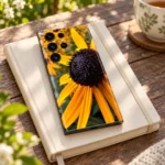Black Eyed Susan mobile skin with golden yellow petals and dark flower center, garden journal detail