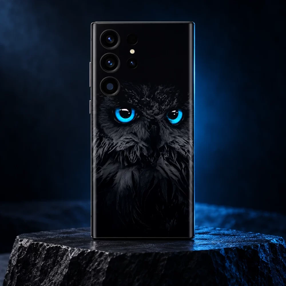 Black owl mobile skin with vivid cyan-blue eyes and charcoal feather artwork, blue slate hero view