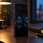 Black owl mobile skin with vivid cyan-blue eyes and charcoal feather artwork, evening desk lifestyle view