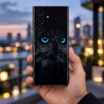 Black owl mobile skin with vivid cyan-blue eyes and charcoal feather artwork, city handheld view