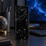 Black Space Planet & Constellation Mobile Skin shown angled dark workspace view