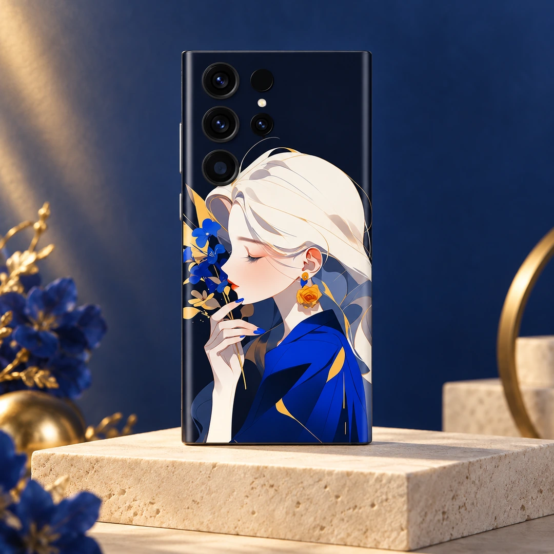 Blue Floral Anime Girl Mobile Skin - Cobalt studio hero Blue Floral Anime Girl Mobile Skin shown in cobalt studio hero
