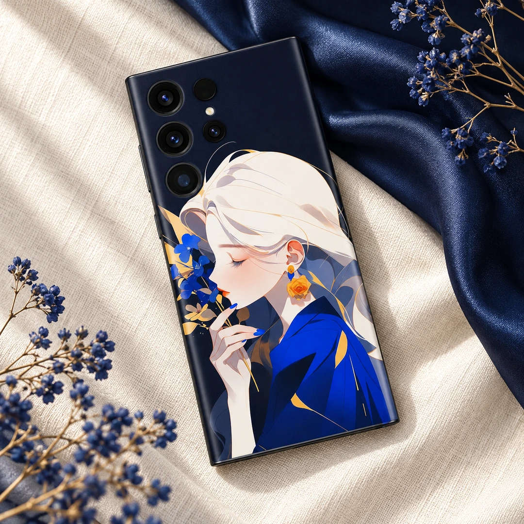Blue Floral Anime Girl Mobile Skin - Linen flat lay Blue Floral Anime Girl Mobile Skin shown in linen flat lay