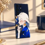 Blue Floral Anime Girl Mobile Skin shown in creative desk view
