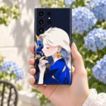 Blue Floral Anime Girl Mobile Skin shown in garden handheld view