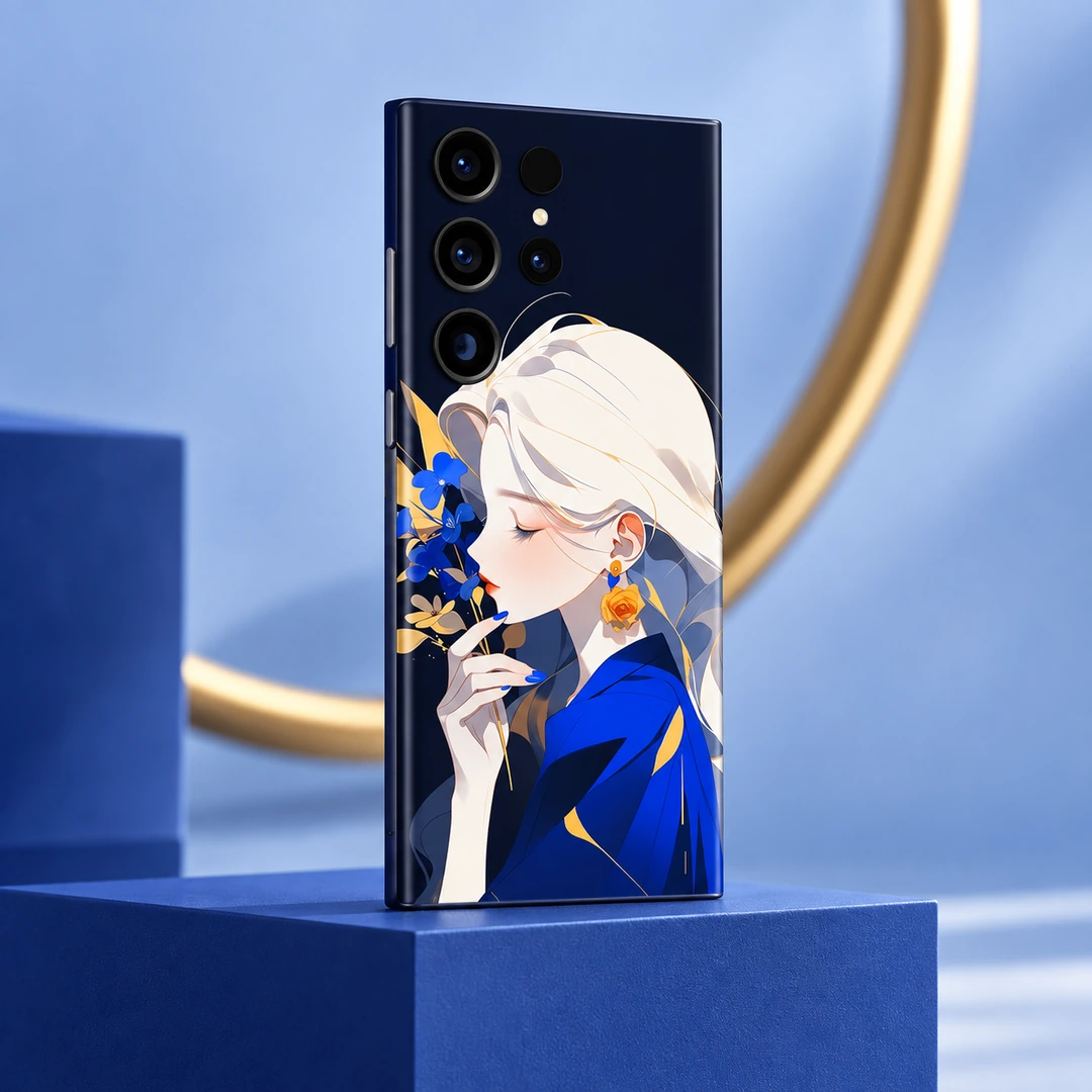 Blue Floral Anime Girl Mobile Skin - Angled blue studio view Blue Floral Anime Girl Mobile Skin shown in angled blue studio view