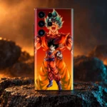 Blue Saiyan Goku Anime Mobile Skin upright on charcoal stone with amber and teal light