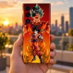 Blue Saiyan Goku Anime Mobile Skin held against a sunset city backdrop