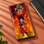 Blue Saiyan Goku Anime Mobile Skin on a terracotta desk in daylight