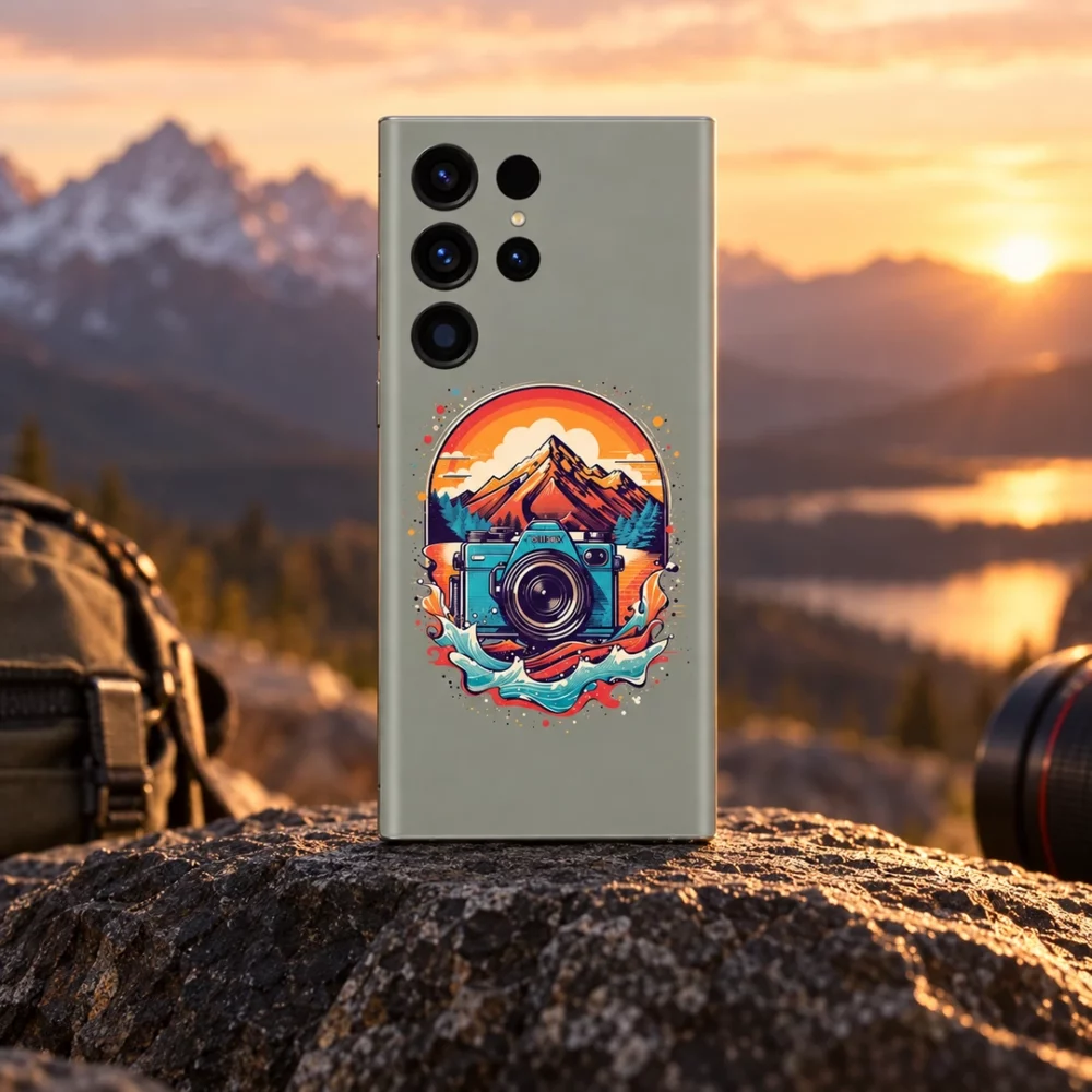 Gray-green Camera Art Mobile Skin with turquoise camera and sunset mountains, mountain sunset hero
