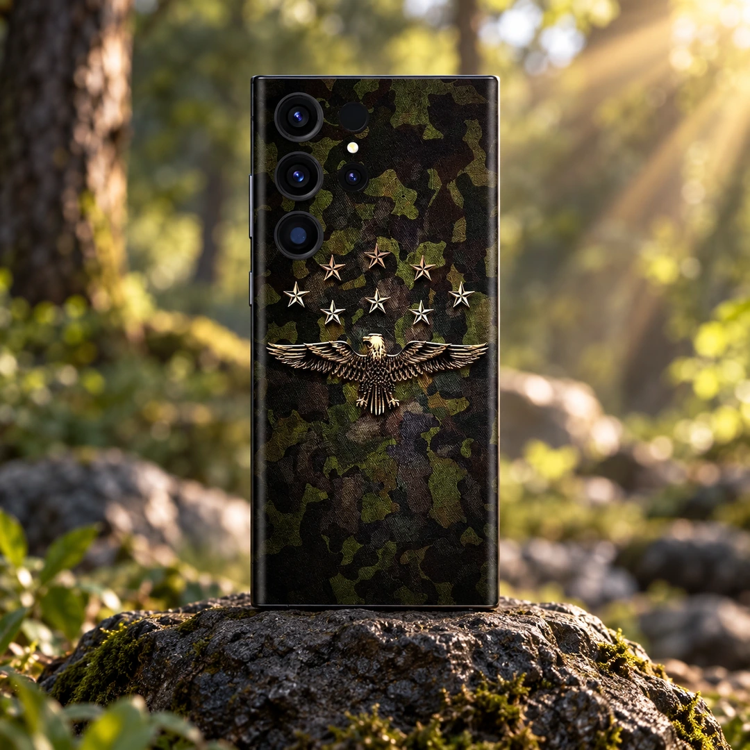 Camo Alien Eagle Mobile Skin - Woodland Hero Olive camouflage mobile skin with a gold eagle and eight stars, woodland hero
