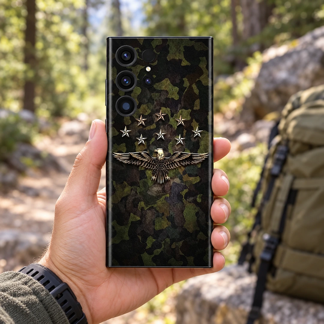 Camo Alien Eagle Mobile Skin - Handheld Trail View Olive camouflage mobile skin with a gold eagle and eight stars, handheld trail view