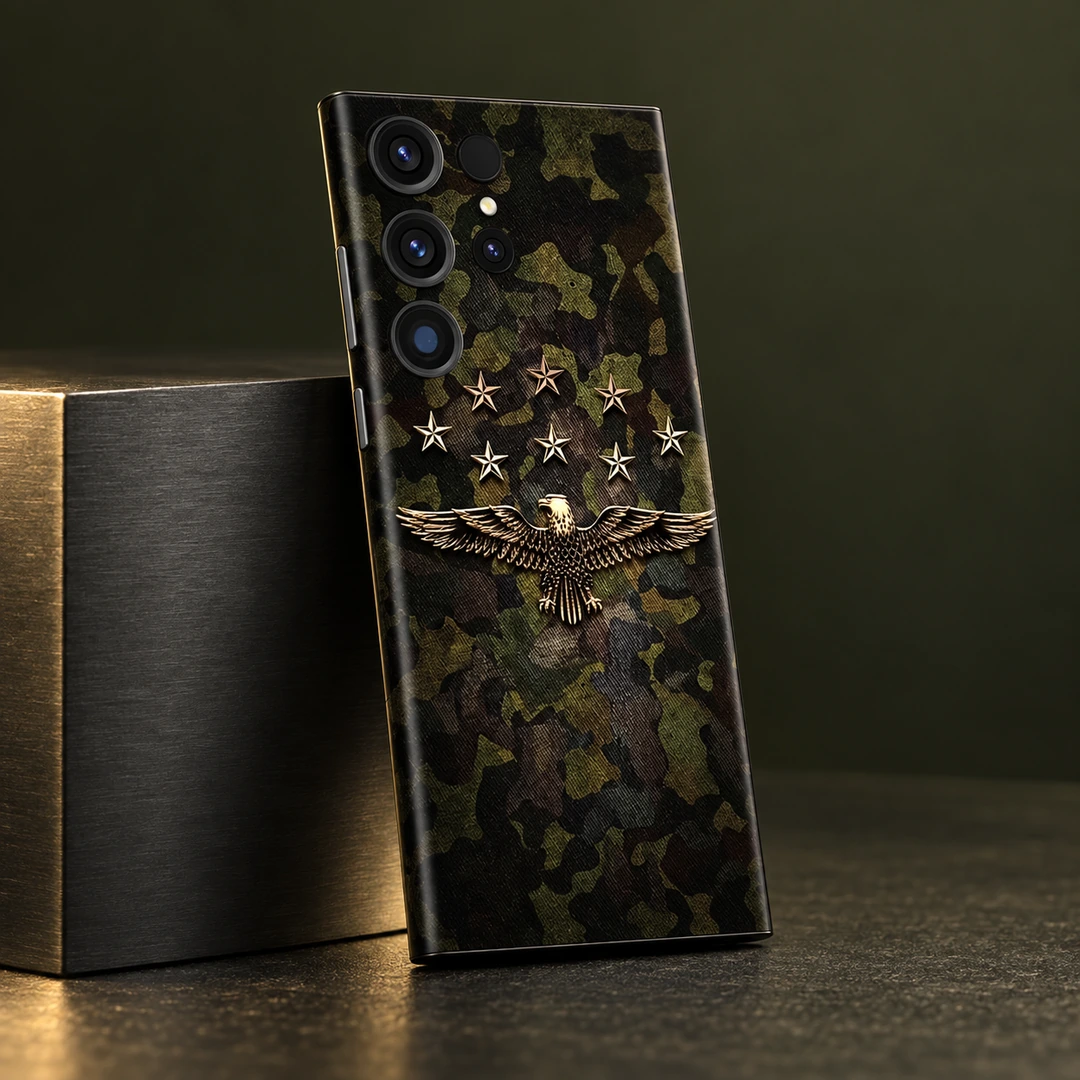 Camo Alien Eagle Mobile Skin - Studio Angle Olive camouflage mobile skin with a gold eagle and eight stars, studio angle