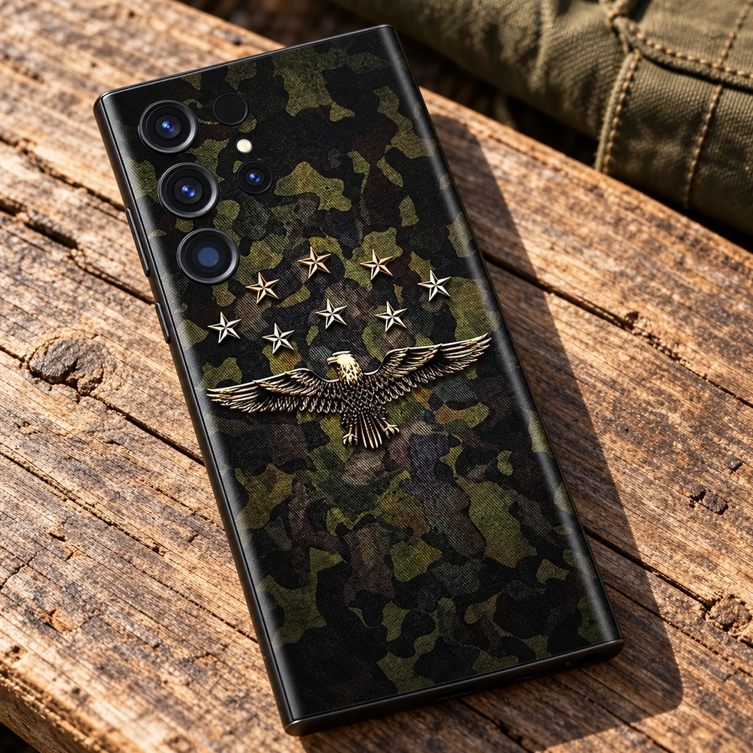 Camo Alien Eagle Mobile Skin - Eagle Artwork Detail Olive camouflage mobile skin with a gold eagle and eight stars, eagle artwork detail