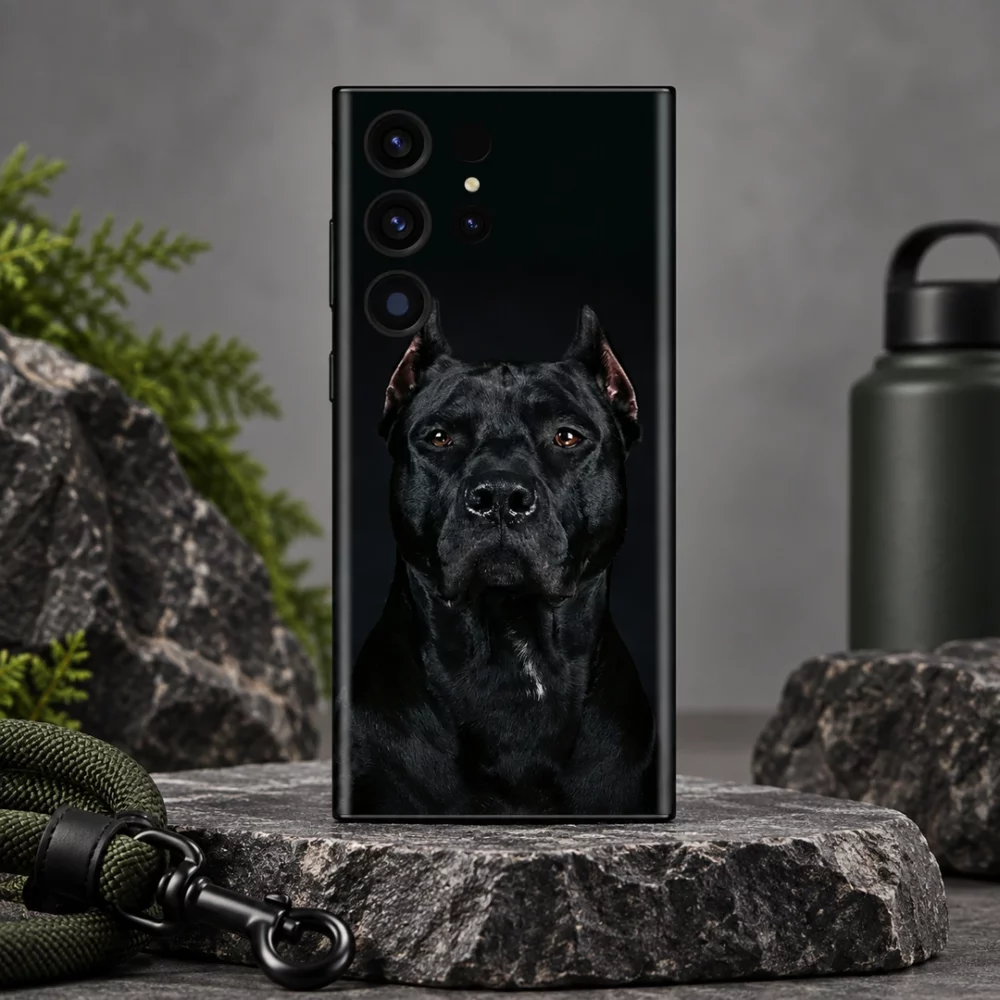 Cane Corso Black Dog Portrait Mobile Skin shown in charcoal studio hero