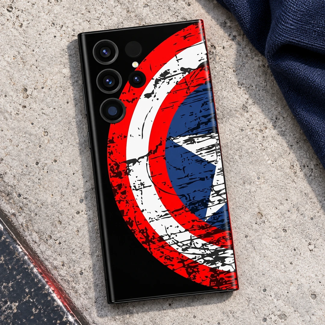 Captain America Shield Mobile Skin - Concrete Flat Lay Captain America distressed red white and blue shield mobile skin, concrete flat lay